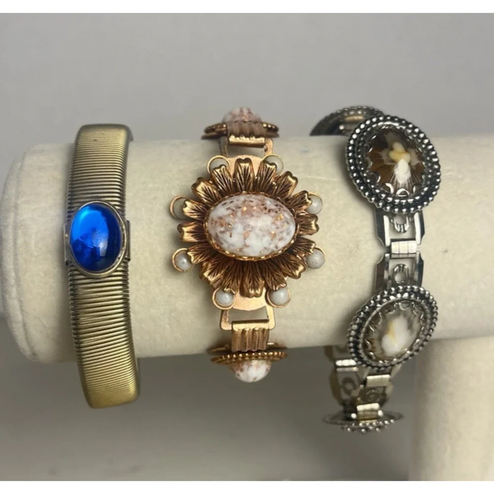 Old Vintage Bracelet Lot Copper Metal Links Mottled Flowers Tubogas Cabachon